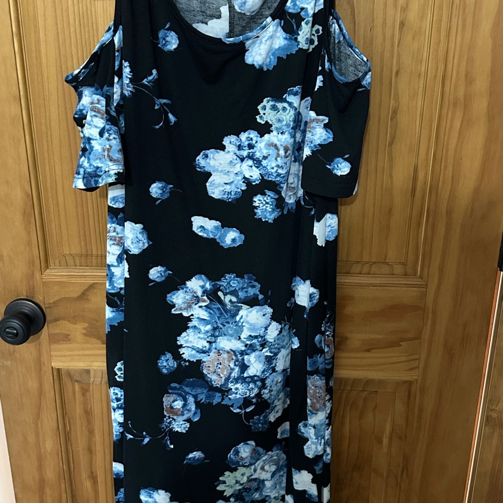 Floral Cold Shoulder Dress - Black and Blue